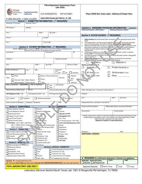 Form F40-A Chemistry Specimen Submission Form - Sample - Texas