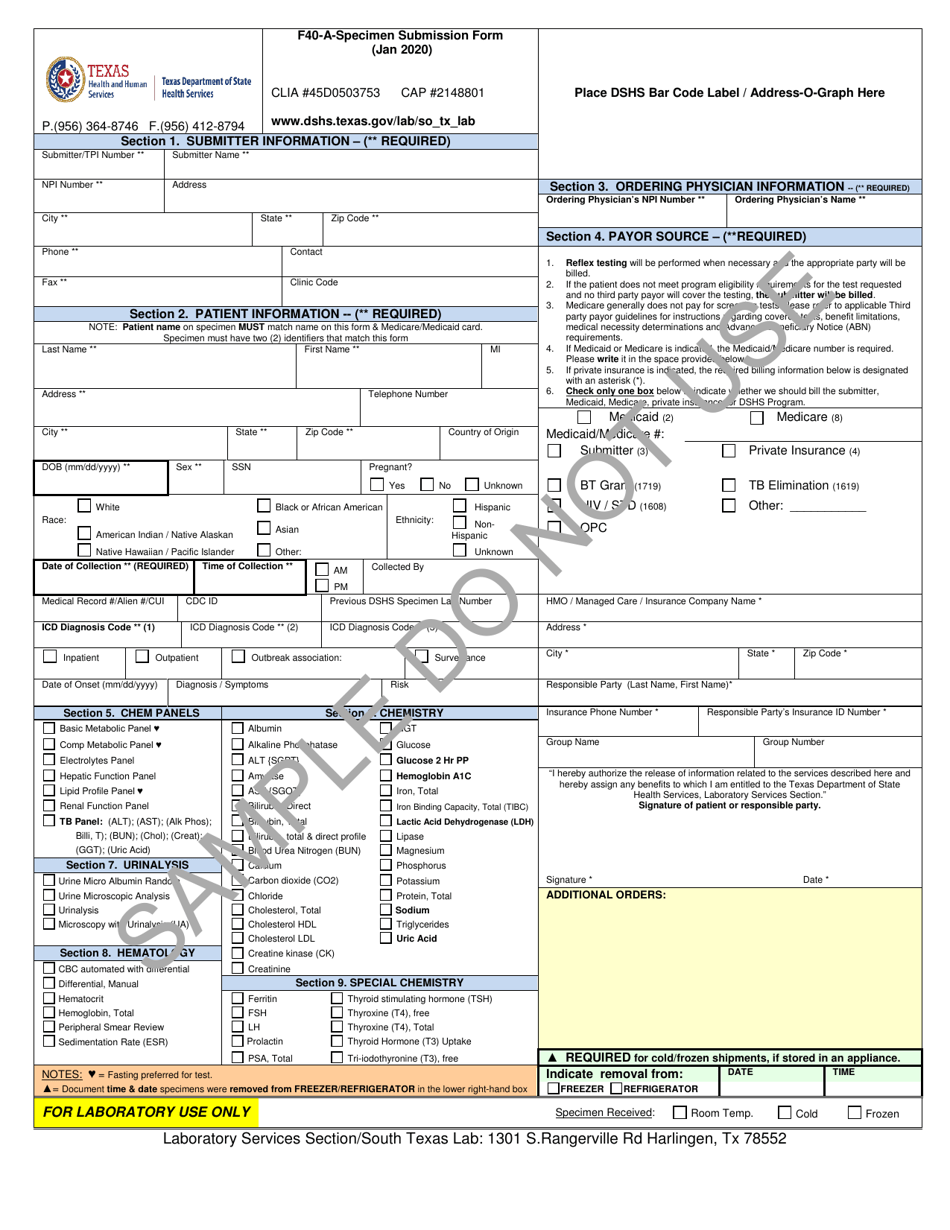 Form F40-A Chemistry Specimen Submission Form - Sample - Texas, Page 1