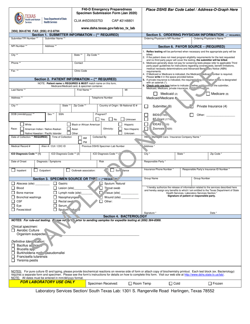 Form F40-D Emergency Preparedness Specimen Submission Form - Sample - Texas, Page 1
