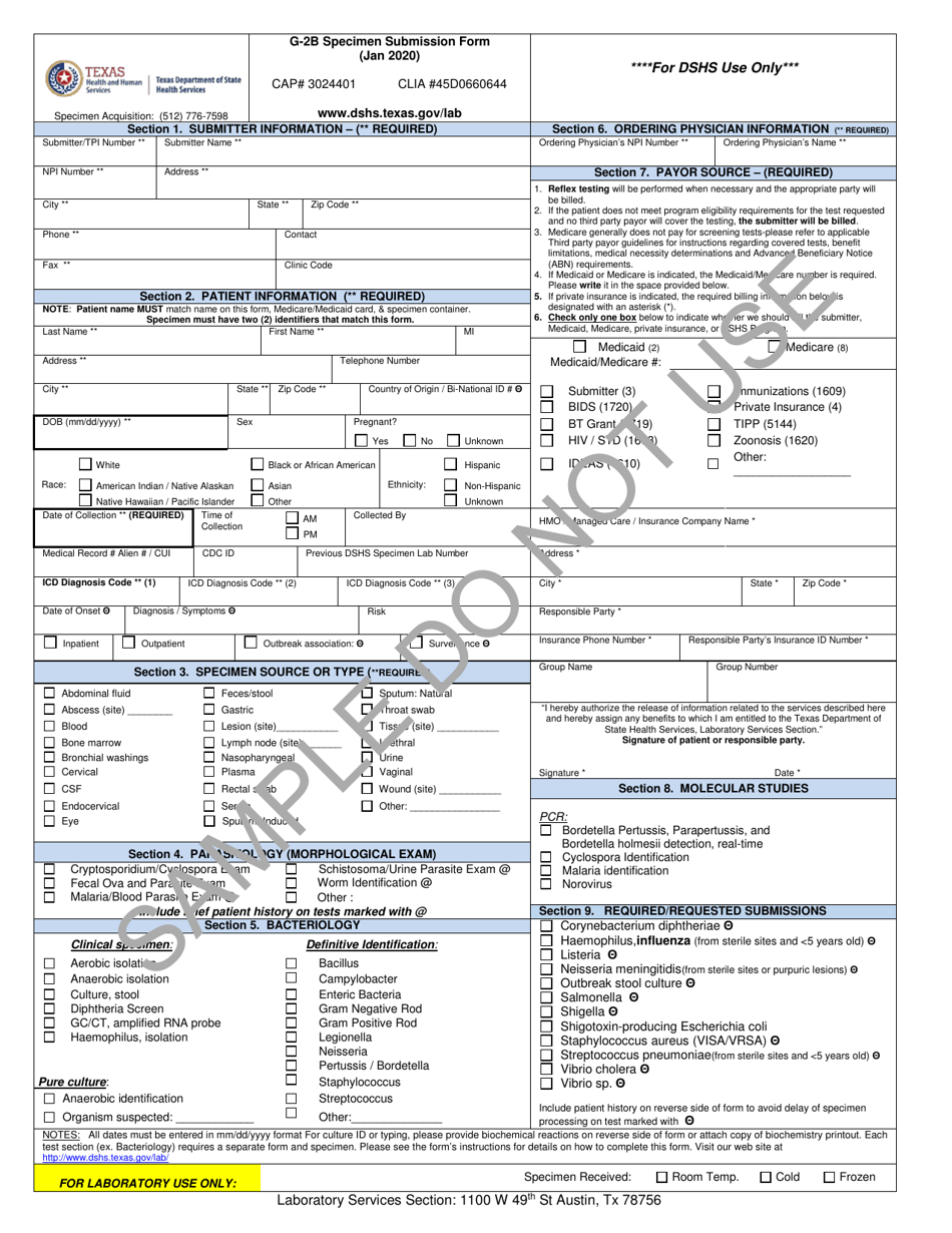 Form G-2B Bacteriology and Parasitology Specimen Submission Form - Sample - Texas, Page 1