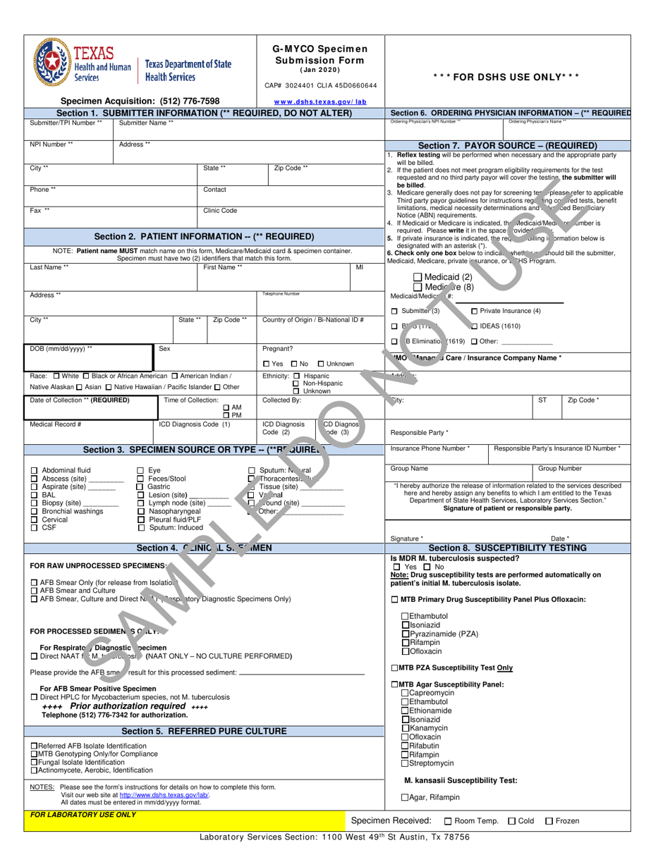 Form G-MYCO Mycobacteriology / Mycology Specimen Submission Form - Sample - Texas, Page 1