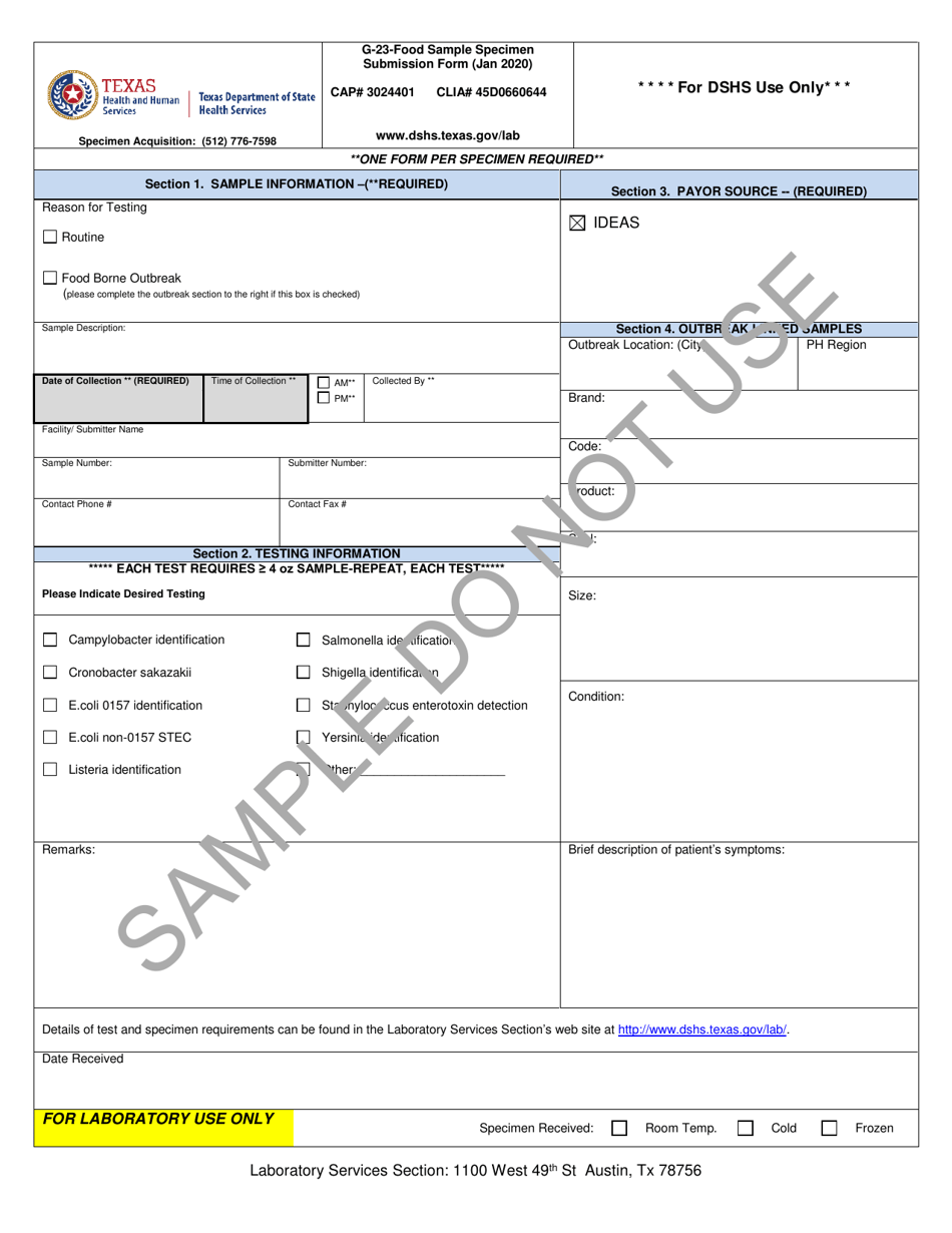 Form G-23 Food Sample Specimen Submission Form - Sample - Texas, Page 1