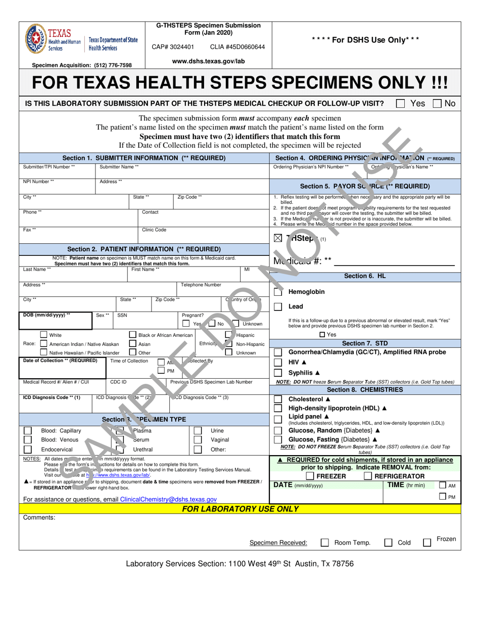 Form G-THSTEPS Texas Health Steps Specimen Submission Form - Sample - Texas, Page 1