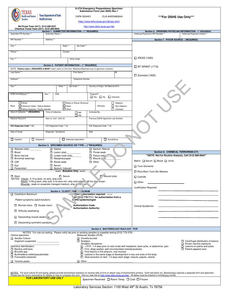 Form G-27A Emergency Preparedness Specimen Submission Form - Sample - Texas, Page 1