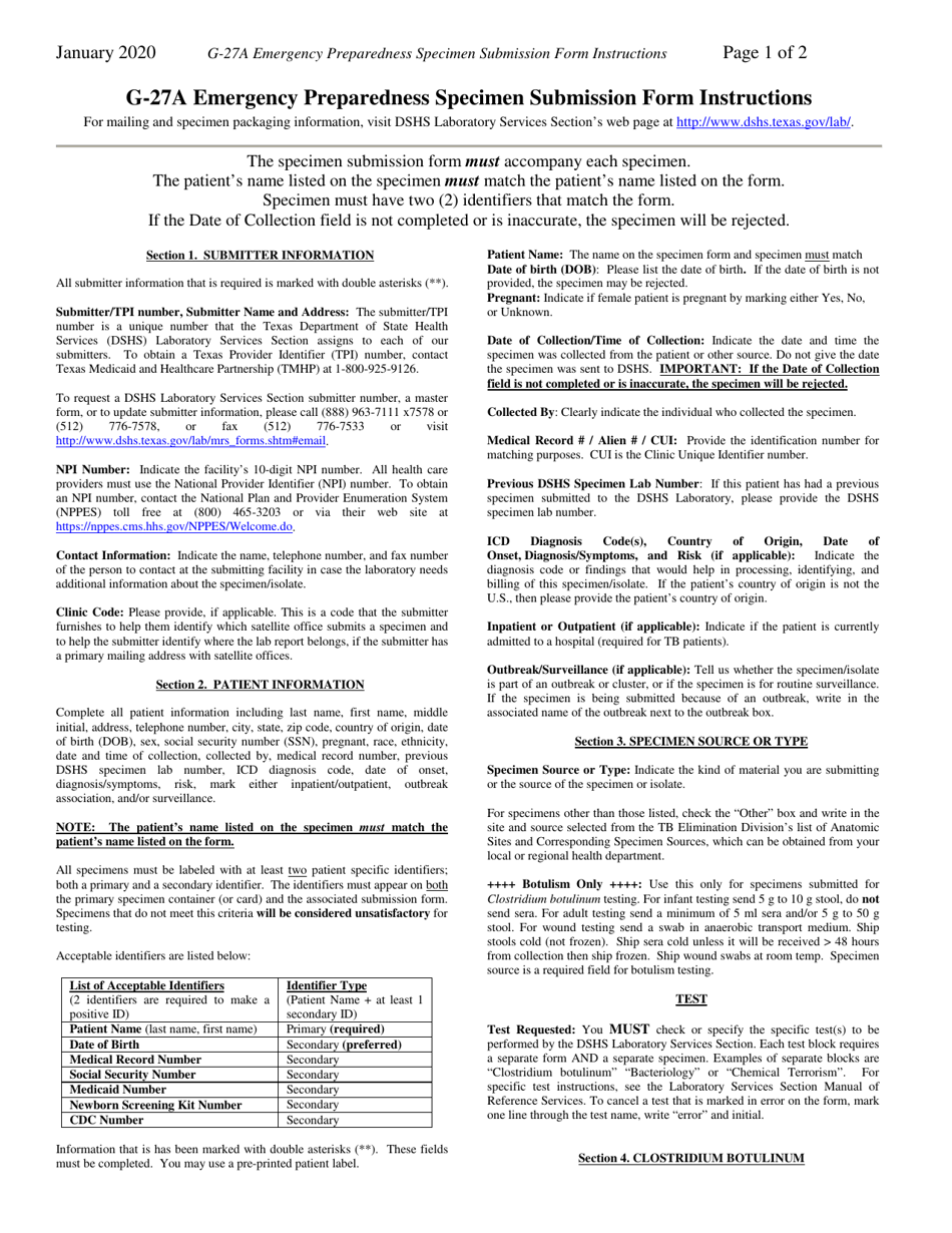 Instructions for Form G-27A Emergency Preparedness Specimen Submission Form - Texas, Page 1