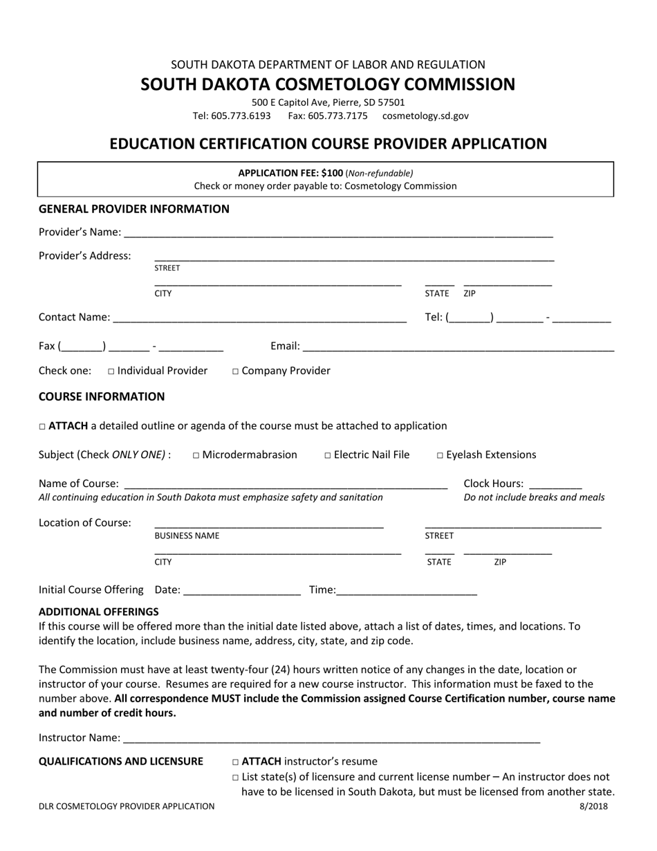 Education Certification Course Provider Application - South Dakota, Page 1