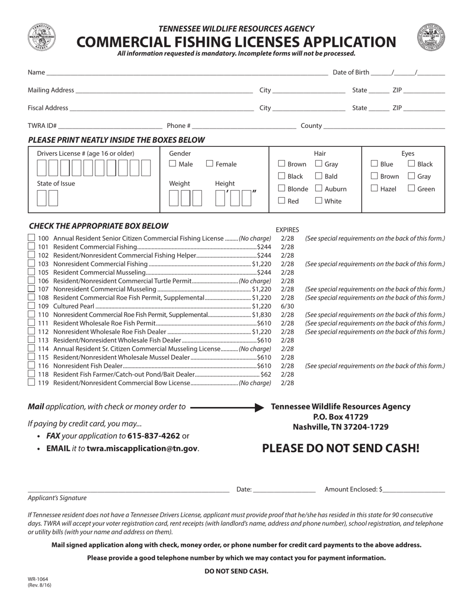 Form WR-1064 Commercial Fishing Licenses Application - Tennessee, Page 1