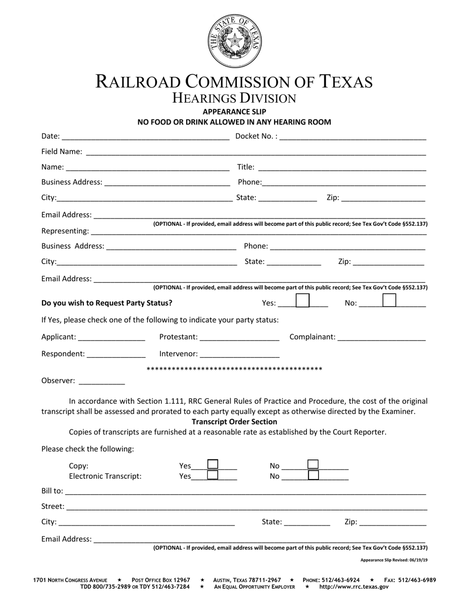 Appearance Slip - Texas, Page 1