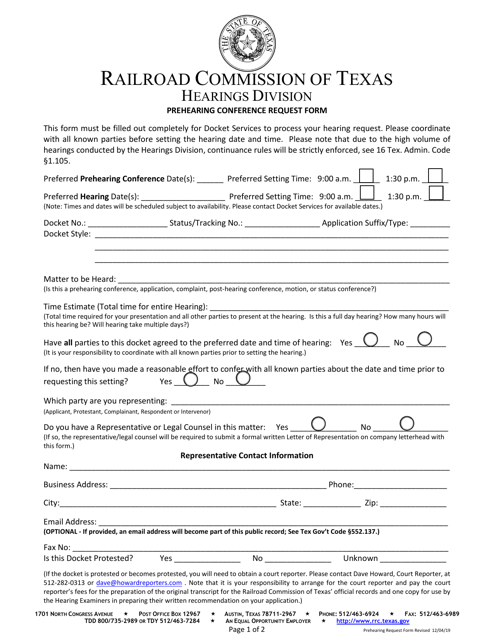 Prehearing Conference Request Form - Texas Download Pdf