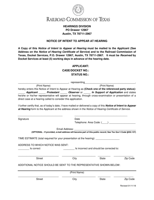 Notice of Intent to Appear at Hearing - Texas