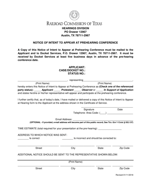 Notice of Intent to Appear at Prehearing Conference - Texas Download Pdf