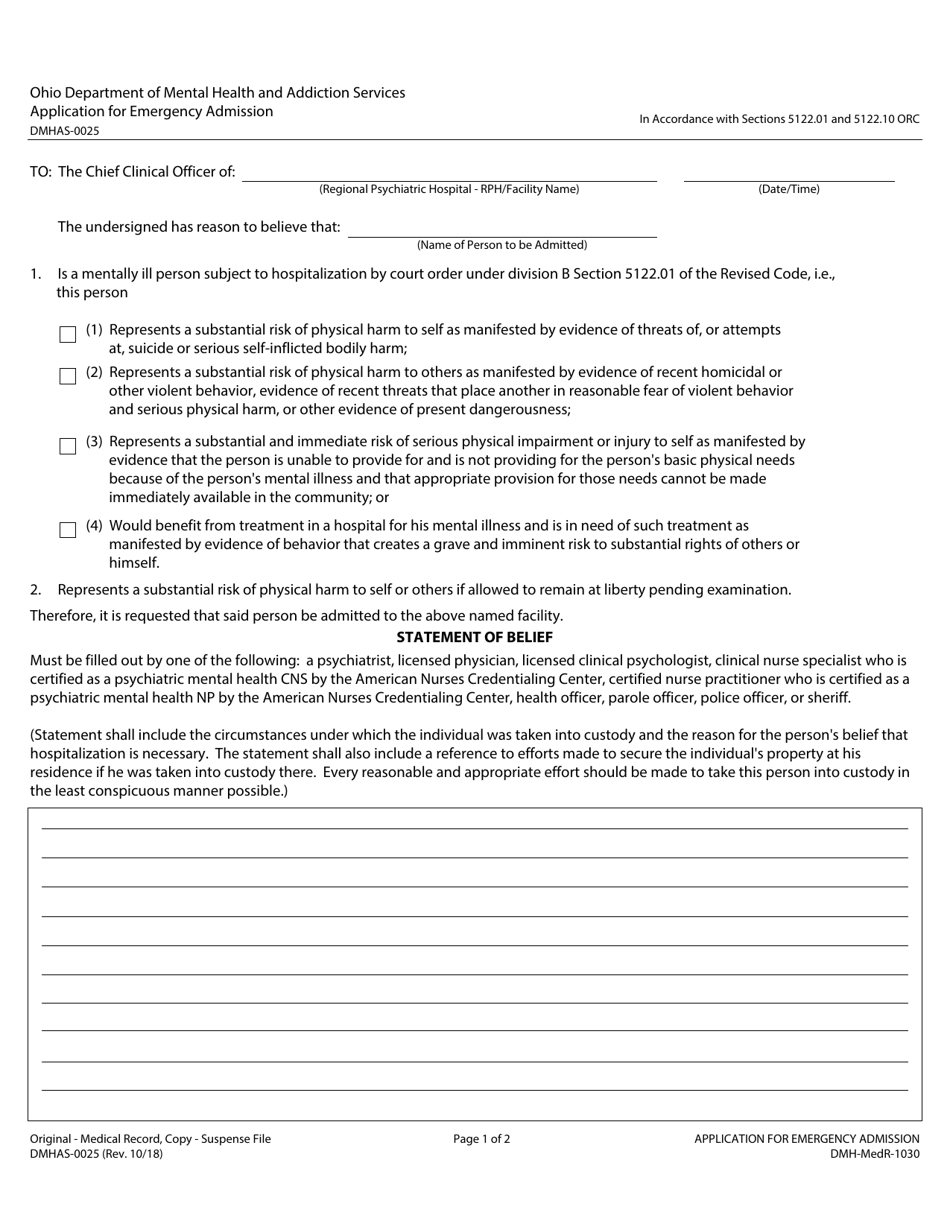 Form DMHAS-0025 Application for Emergency Admission - Ohio, Page 1