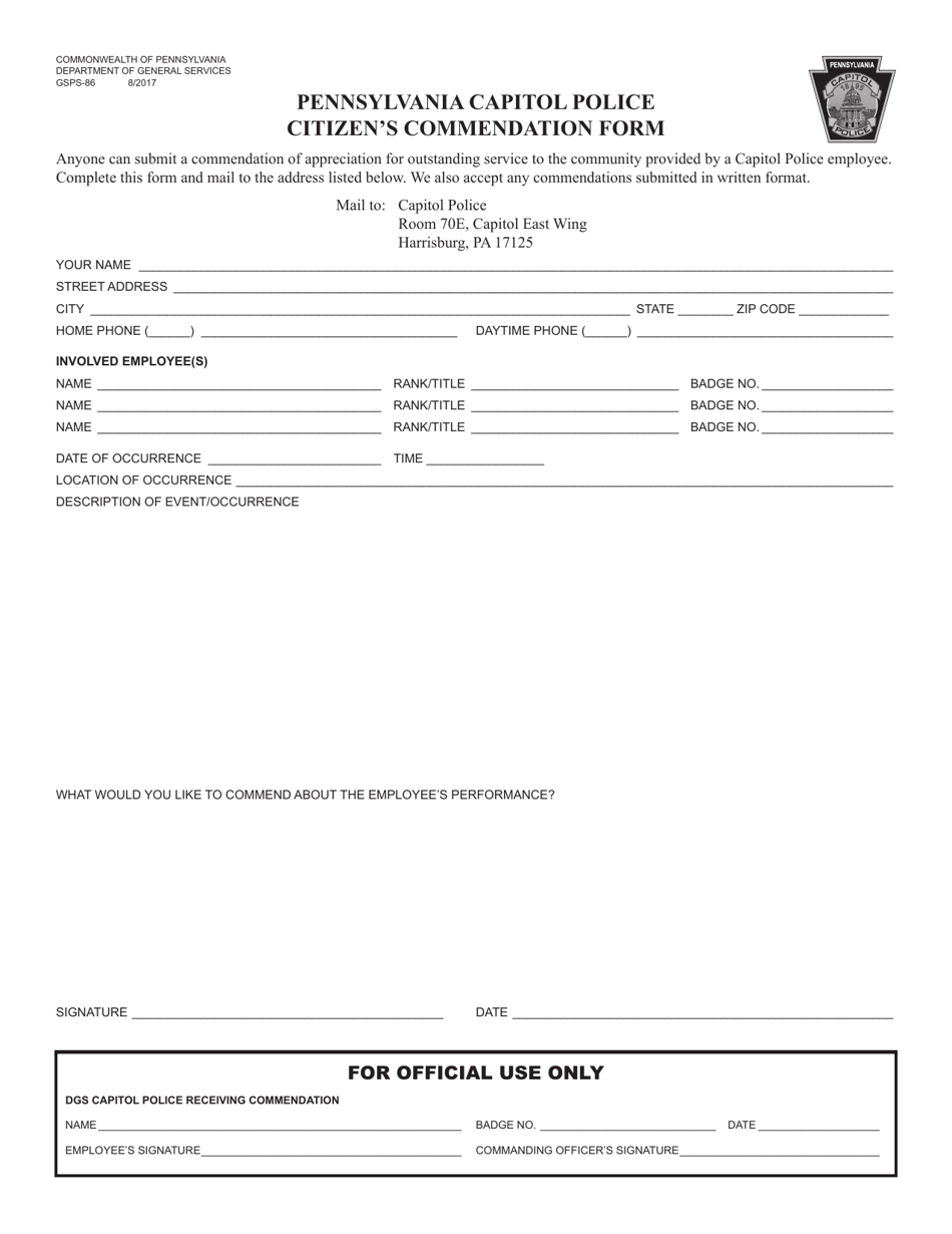 Form GSPS-86 Citizens Commendation Form - Pennsylvania, Page 1