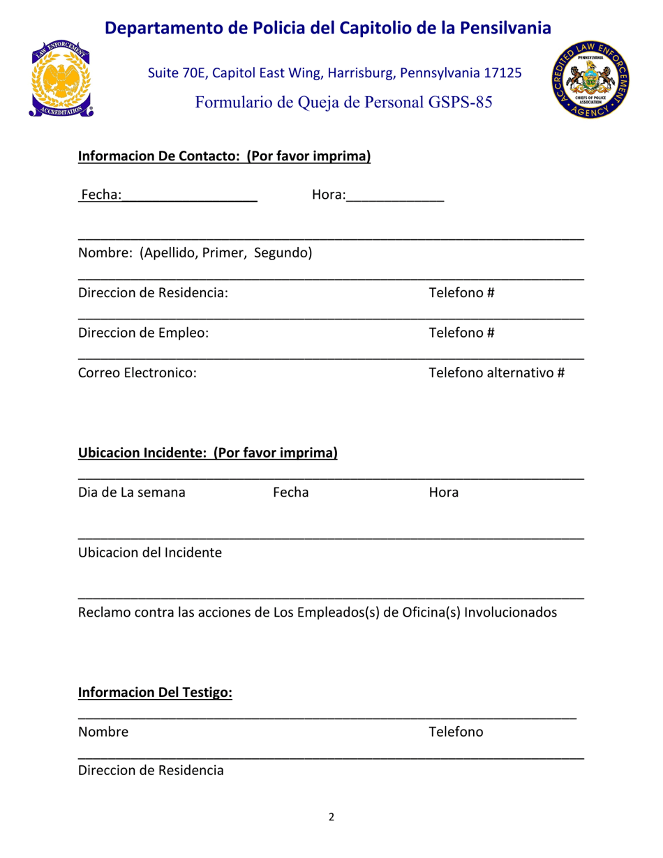 Formulario GSPS-85 Formulario De Queja De Personal - Pennsylvania (Spanish), Page 2