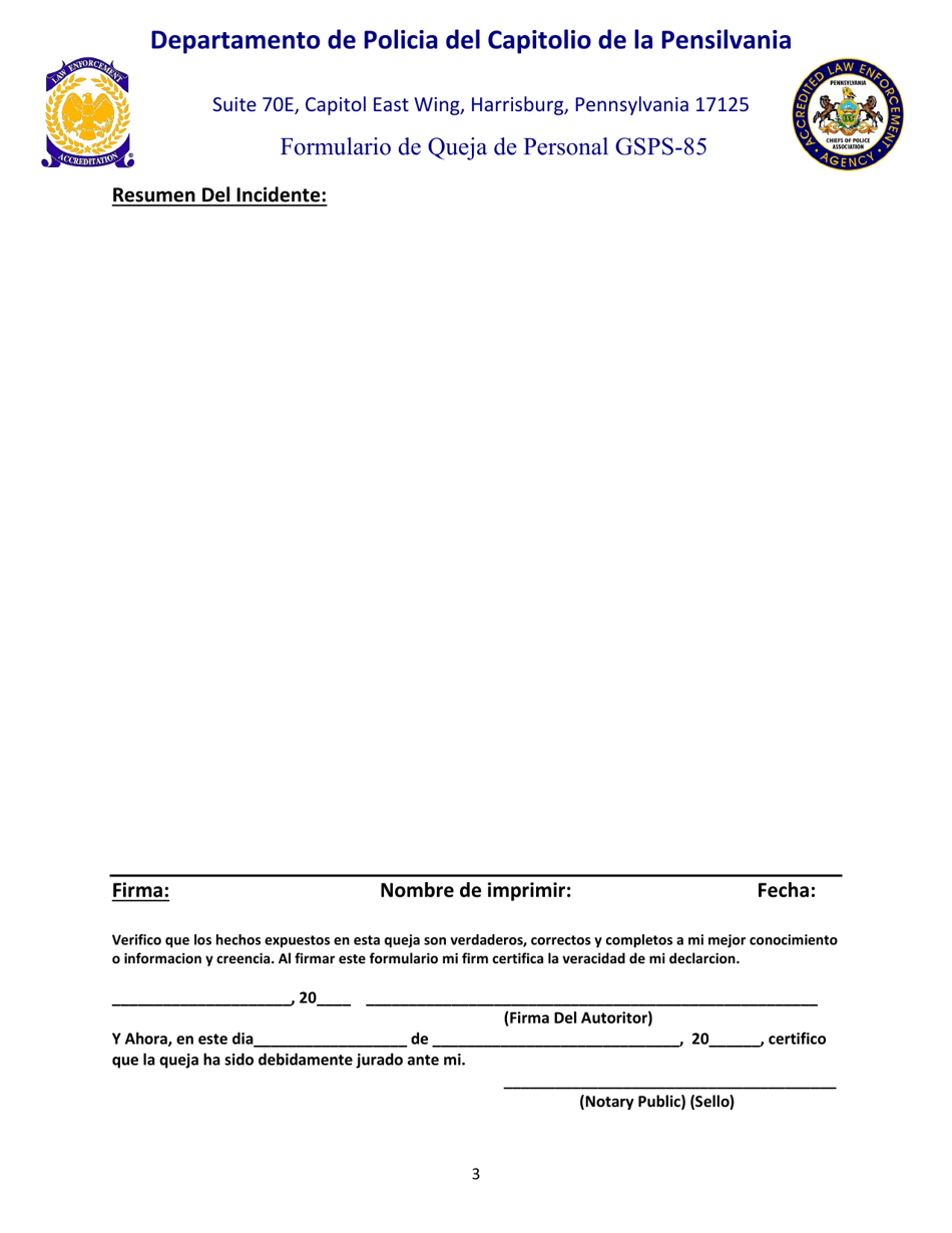 Formulario GSPS-85 Formulario De Queja De Personal - Pennsylvania (Spanish), Page 3
