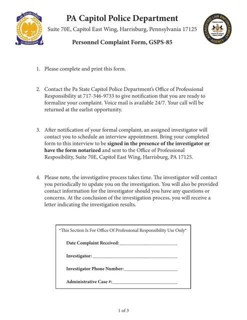 Form GSPS-85 Personnel Complaint Form - Pennsylvania