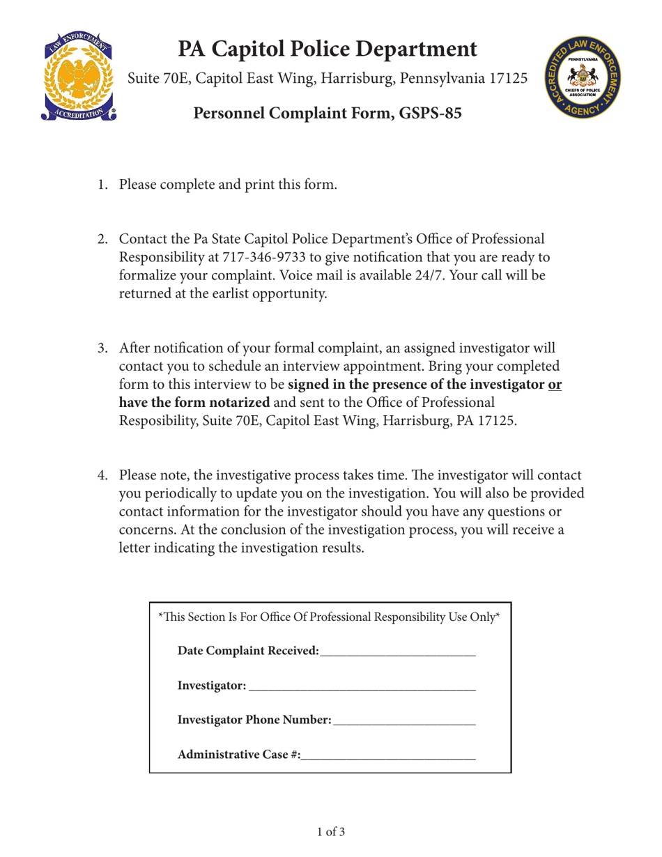 Form GSPS-85 Personnel Complaint Form - Pennsylvania, Page 1