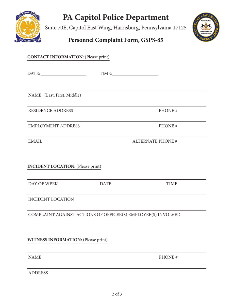 Form GSPS-85 Personnel Complaint Form - Pennsylvania, Page 2