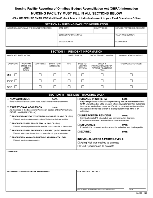 Form MA408 Nursing Facility Reporting of Omnibus Budget Reconciliation Act (Obra) Information - Pennsylvania