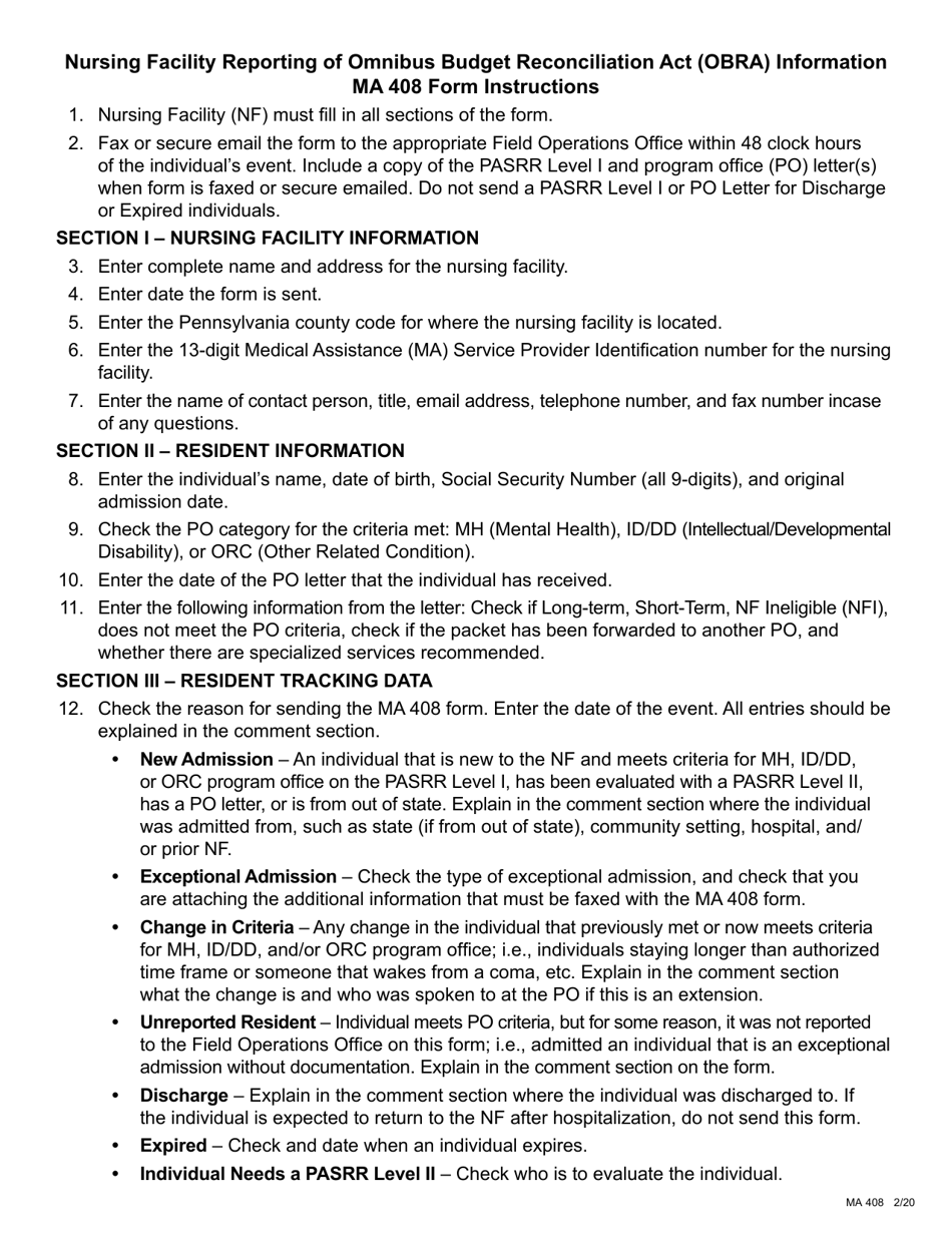 Form MA408 Nursing Facility Reporting of Omnibus Budget Reconciliation Act (Obra) Information - Pennsylvania, Page 2