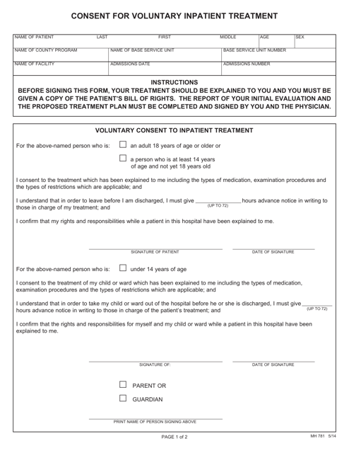Form MH781 Consent for Voluntary Inpatient Treatment - Pennsylvania