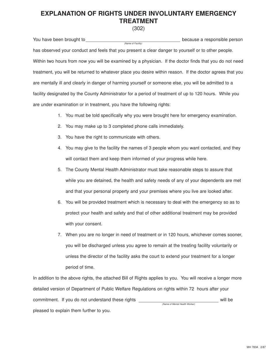 Form MH783A Explanation of Rights Under Involuntary Emergency Treatment - Pennsylvania (English / Spanish), Page 1