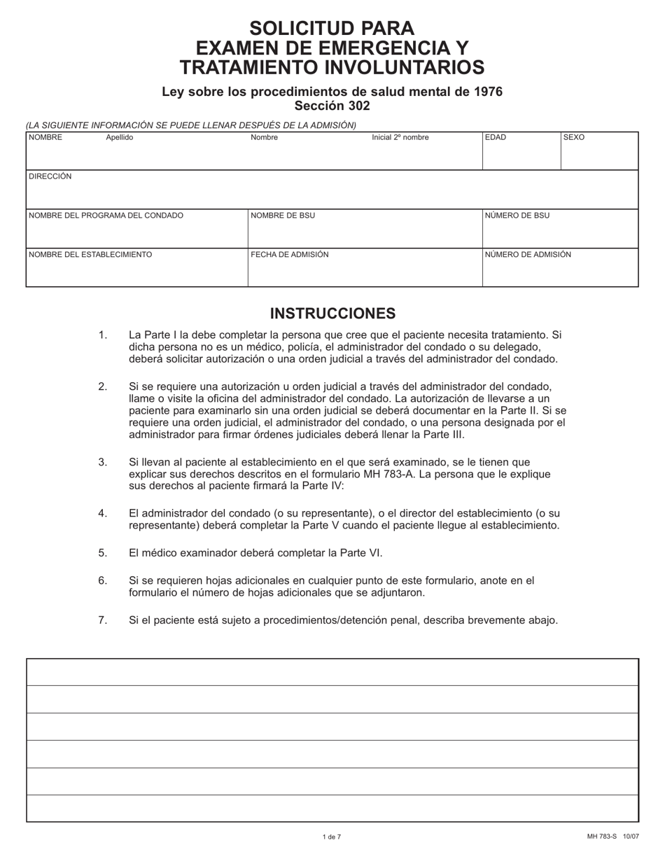 Formulario MH783-S Solicitud Para Examen De Emergencia Y Tratamiento Involuntarios - Pennsylvania (Spanish), Page 1