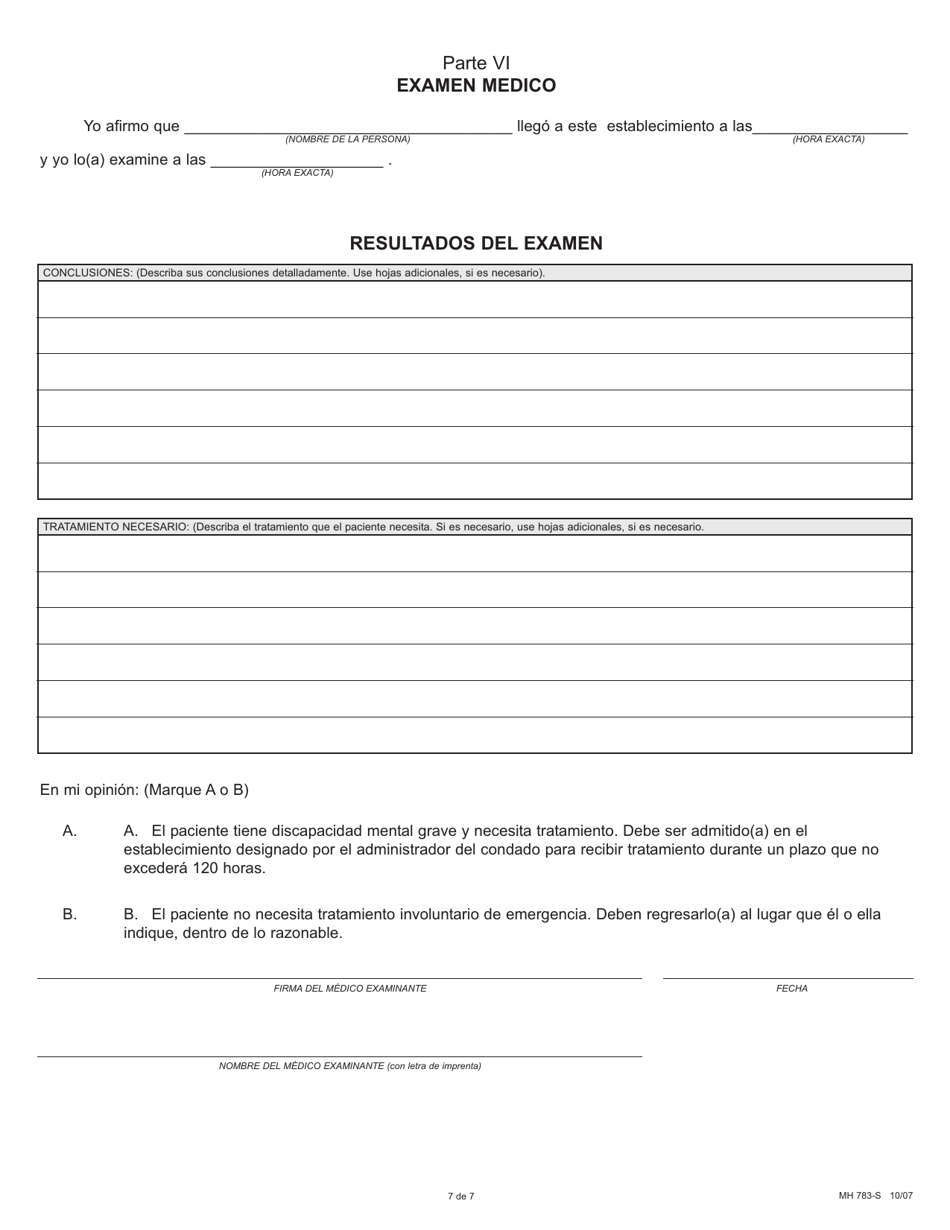 Formulario MH783-S Solicitud Para Examen De Emergencia Y Tratamiento Involuntarios - Pennsylvania (Spanish), Page 7