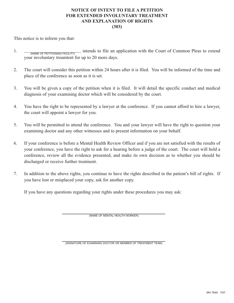 Form MH784A Notice of Intent to File a Petition for Extended Involuntary Treatment and Explanation of Rights (303) - Pennsylvania (English / Spanish), Page 1