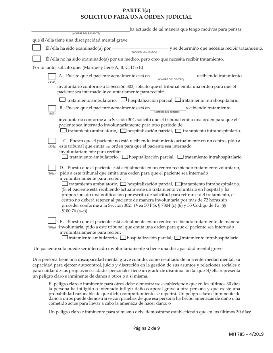 Formulario MH785 Ley De Procedimientos De Salud Mental De 1976 - Pennsylvania (Spanish), Page 2