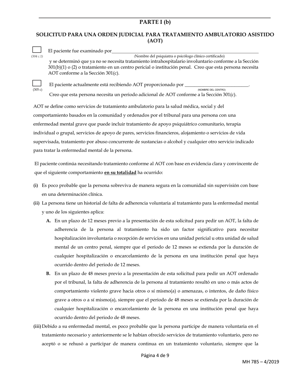 Formulario MH785 Ley De Procedimientos De Salud Mental De 1976 - Pennsylvania (Spanish), Page 4