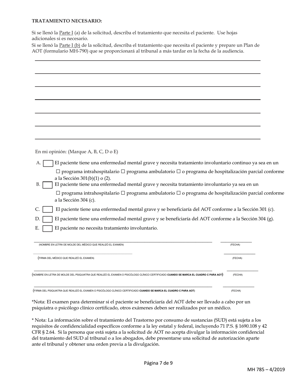 Formulario MH785 Ley De Procedimientos De Salud Mental De 1976 - Pennsylvania (Spanish), Page 7