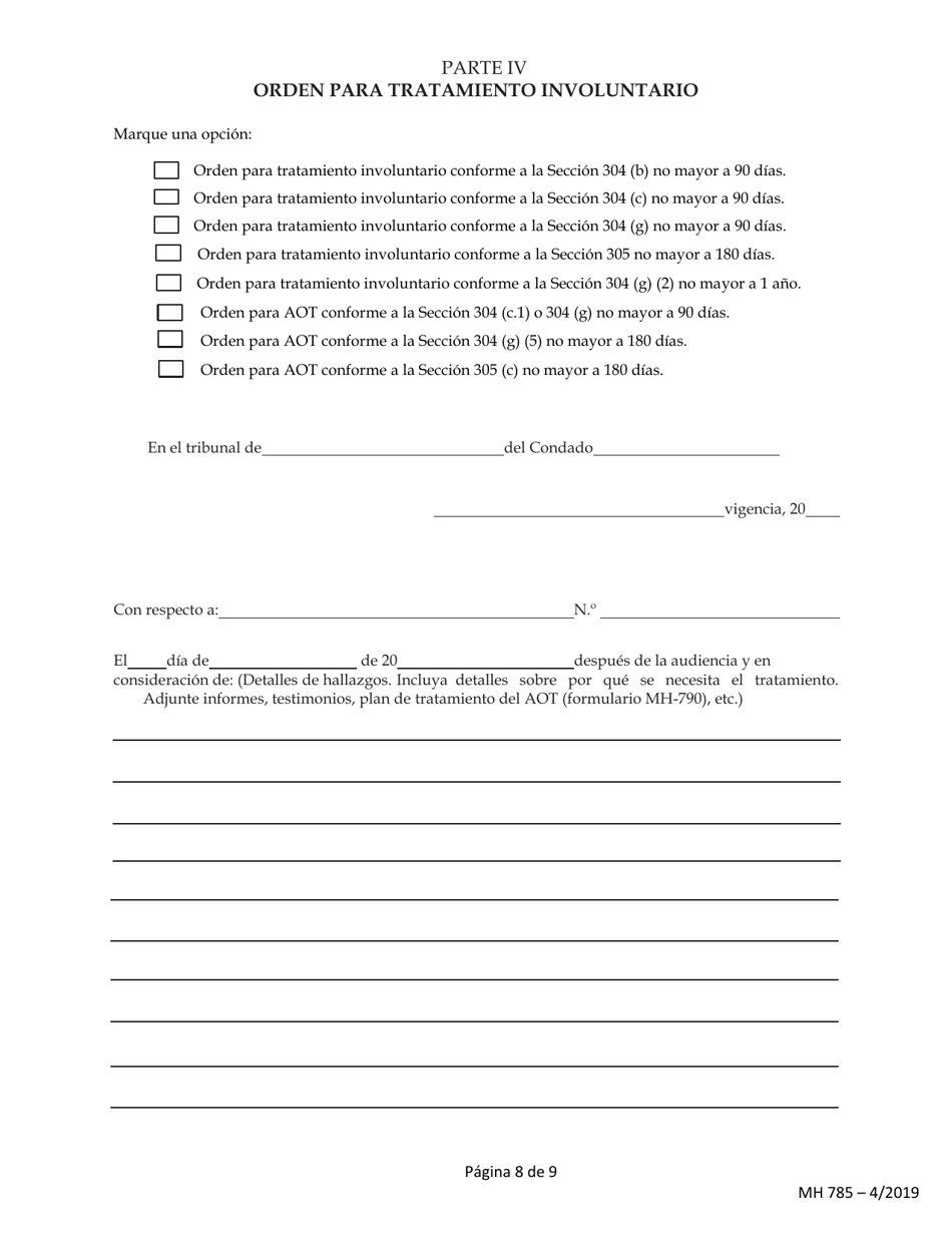 Formulario MH785 Ley De Procedimientos De Salud Mental De 1976 - Pennsylvania (Spanish), Page 8