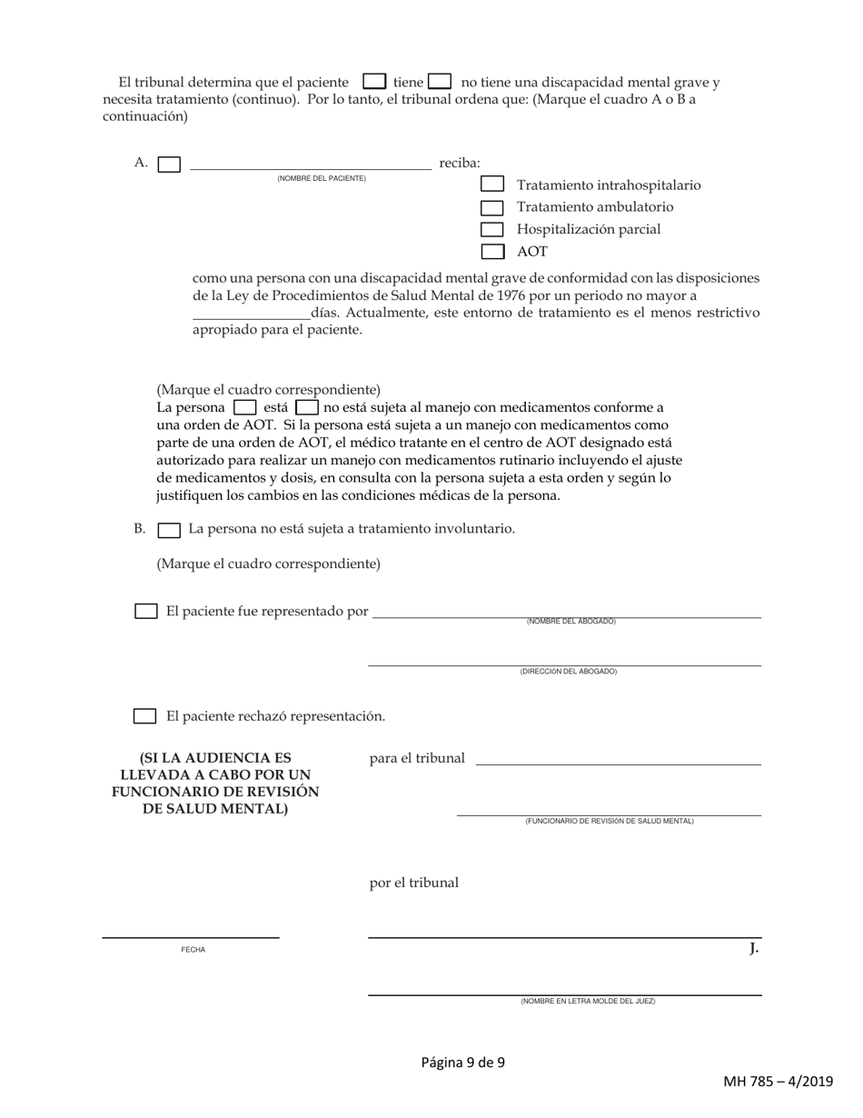 Formulario MH785 Ley De Procedimientos De Salud Mental De 1976 - Pennsylvania (Spanish), Page 9
