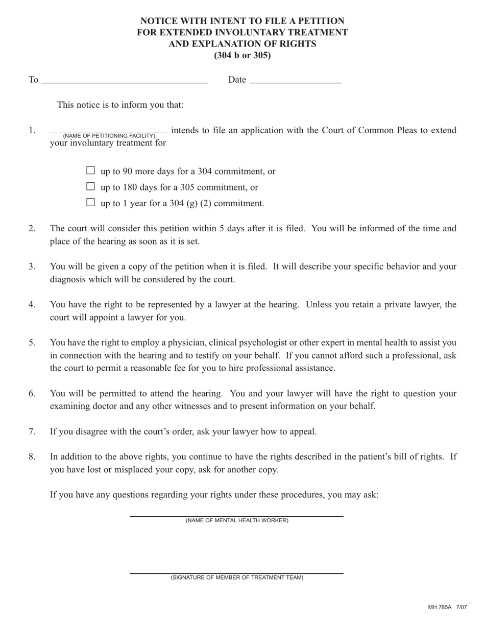 Form MH785A Notice With Intent to File a Petition for Extendied Involuntary Treatment and Explanation of Rights (304b or 305) - Pennsylvania (English / Spanish), Page 1