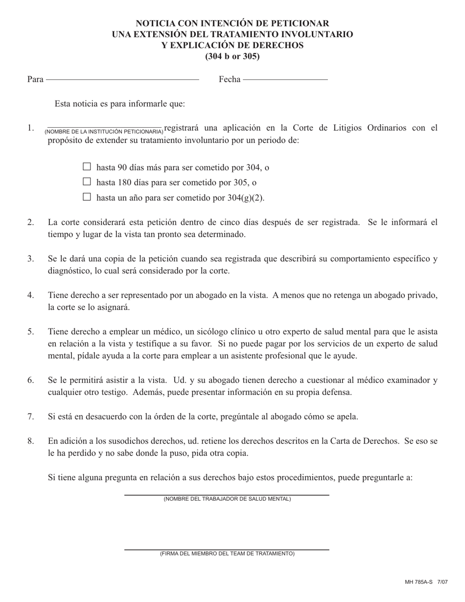 Form MH785A Notice With Intent to File a Petition for Extendied Involuntary Treatment and Explanation of Rights (304b or 305) - Pennsylvania (English / Spanish), Page 2