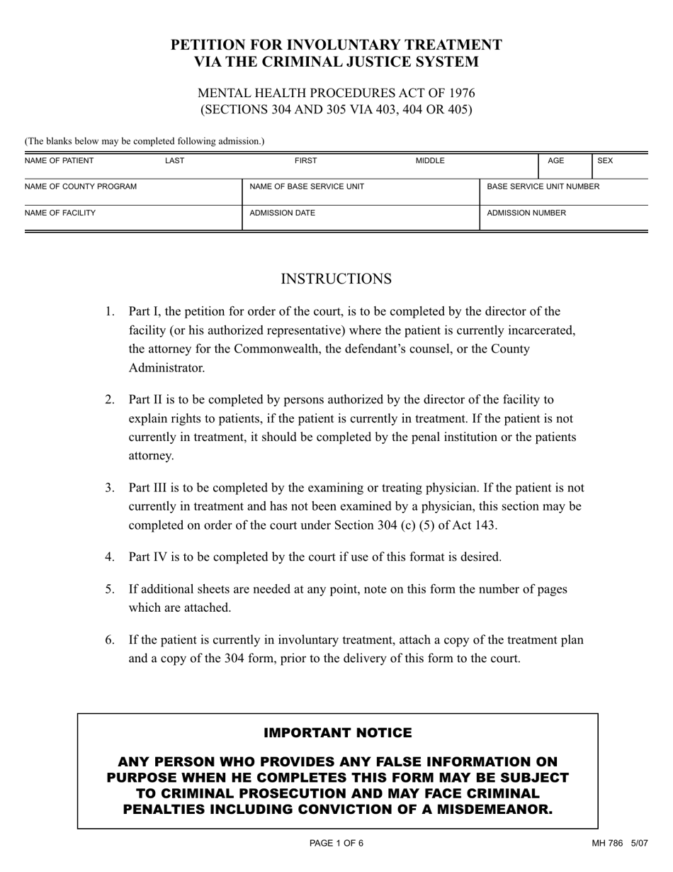 Form MH786 Petition for Involuntary Treatment via the Criminal Justice System - Pennsylvania, Page 1