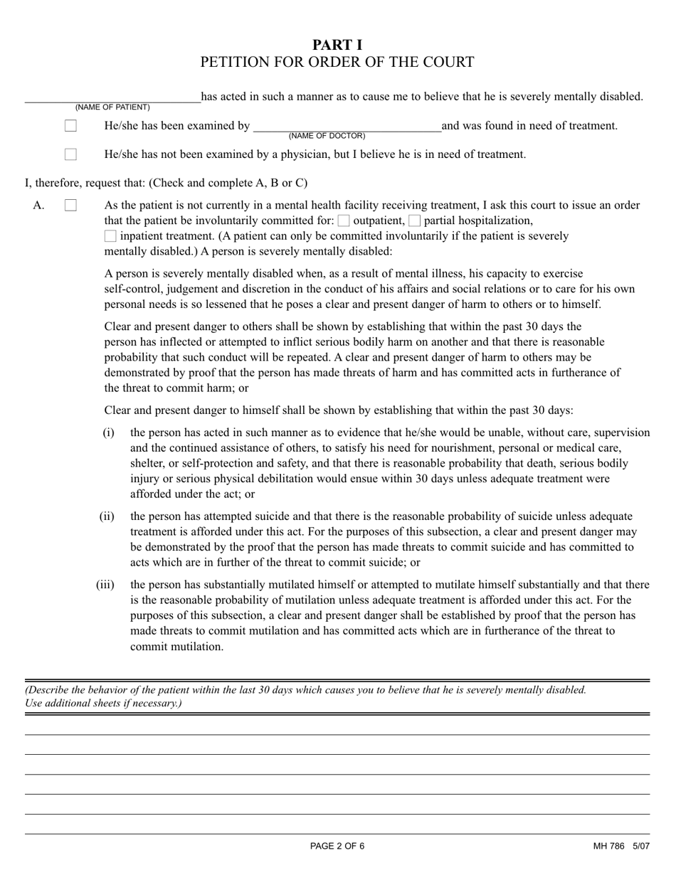 Form MH786 Petition for Involuntary Treatment via the Criminal Justice System - Pennsylvania, Page 2