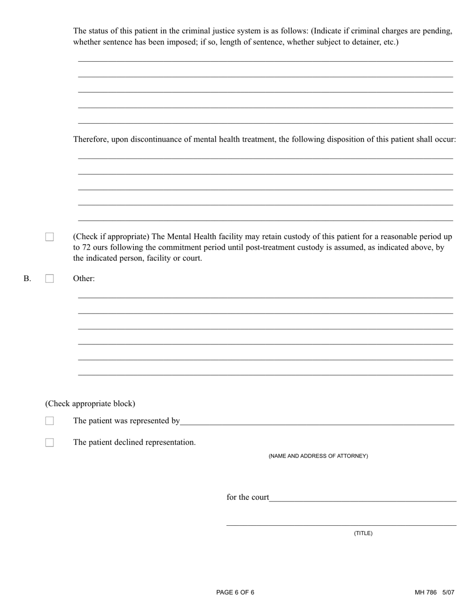 Form MH786 Petition for Involuntary Treatment via the Criminal Justice System - Pennsylvania, Page 6