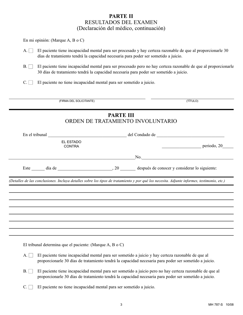 Formulario MH787-S Peticion De Envio a Tratamiento Involuntario Despues De Fallo De Incapacidad Para Ser Sometido a Juicio Cuando No Hay Incapacidad Mental Grave - Pennsylvania (Spanish), Page 3