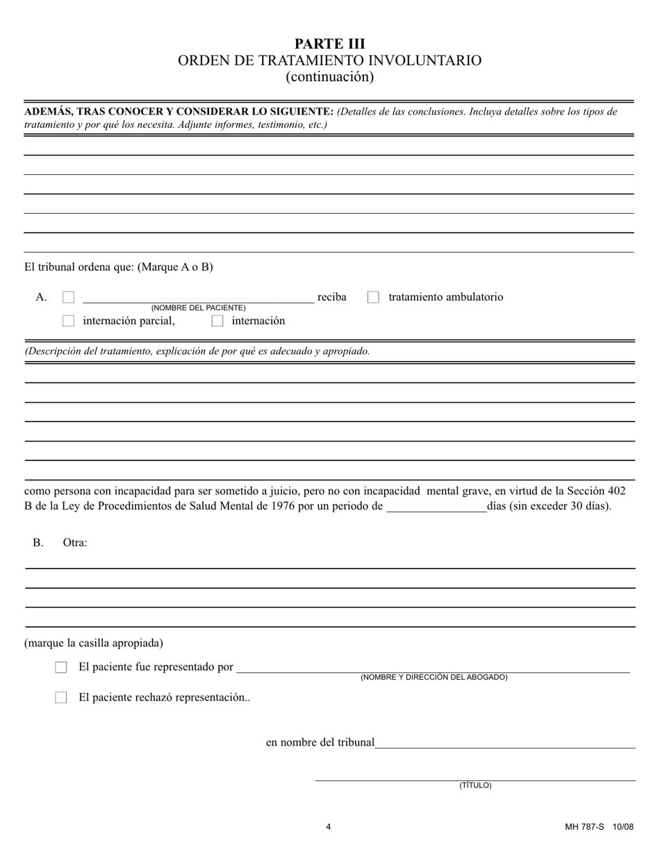 Formulario MH787-S Peticion De Envio a Tratamiento Involuntario Despues De Fallo De Incapacidad Para Ser Sometido a Juicio Cuando No Hay Incapacidad Mental Grave - Pennsylvania (Spanish), Page 4