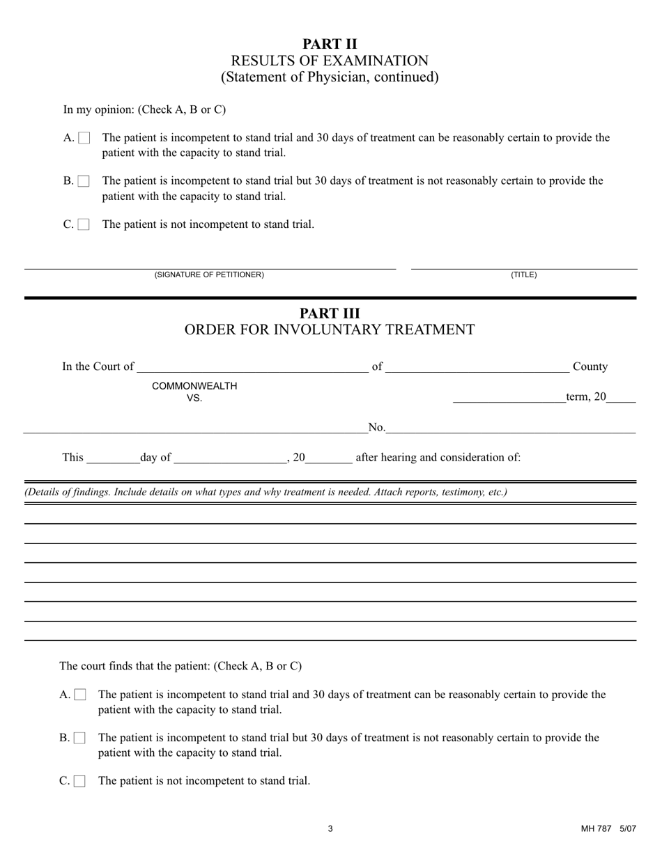 Form MH787 Petition for Commitment for Involuntary Treatment After Finding of Incompetency to Stand Trial Where Severe Mental Disability Is Not Present - Pennsylvania, Page 3