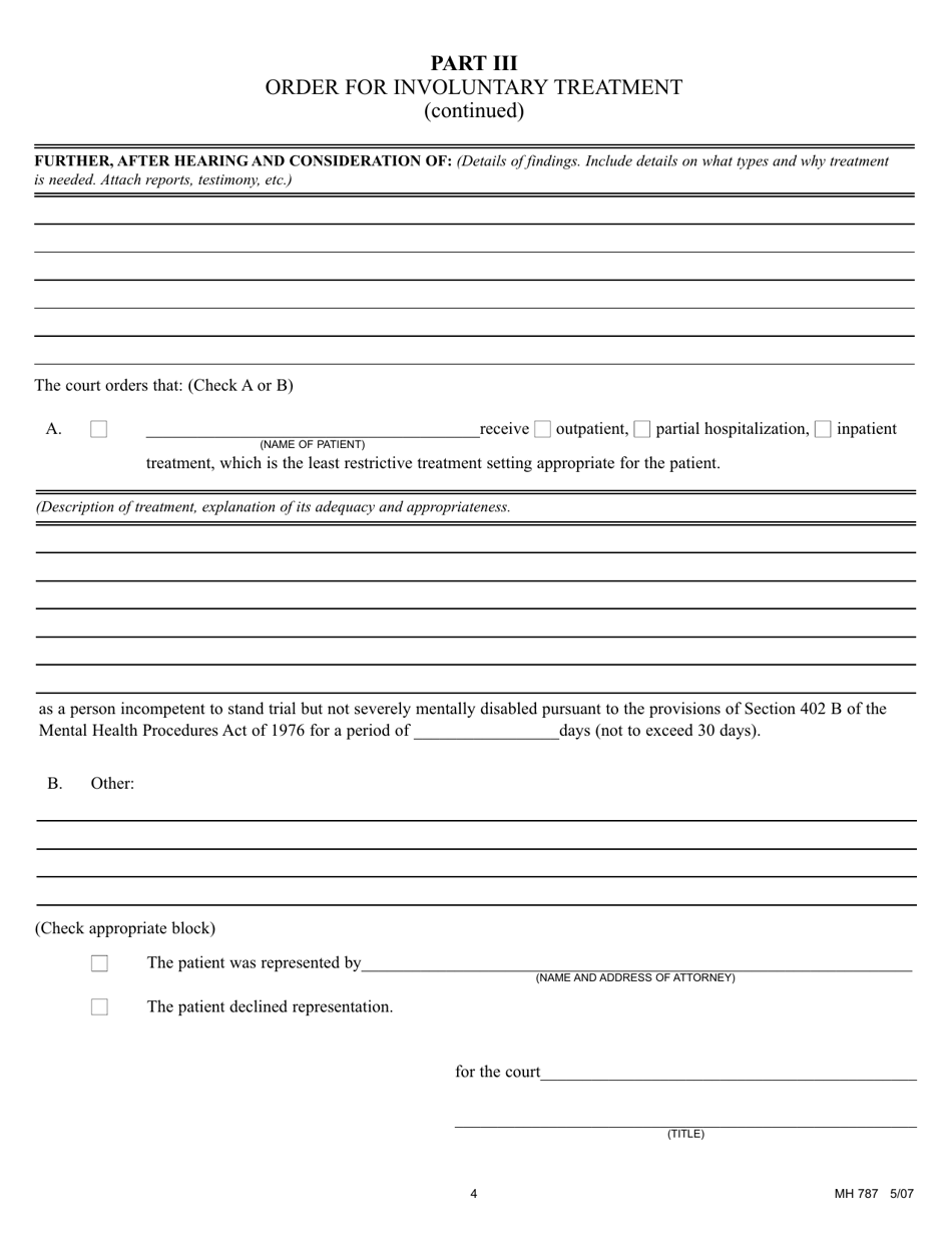 Form MH787 Petition for Commitment for Involuntary Treatment After Finding of Incompetency to Stand Trial Where Severe Mental Disability Is Not Present - Pennsylvania, Page 4