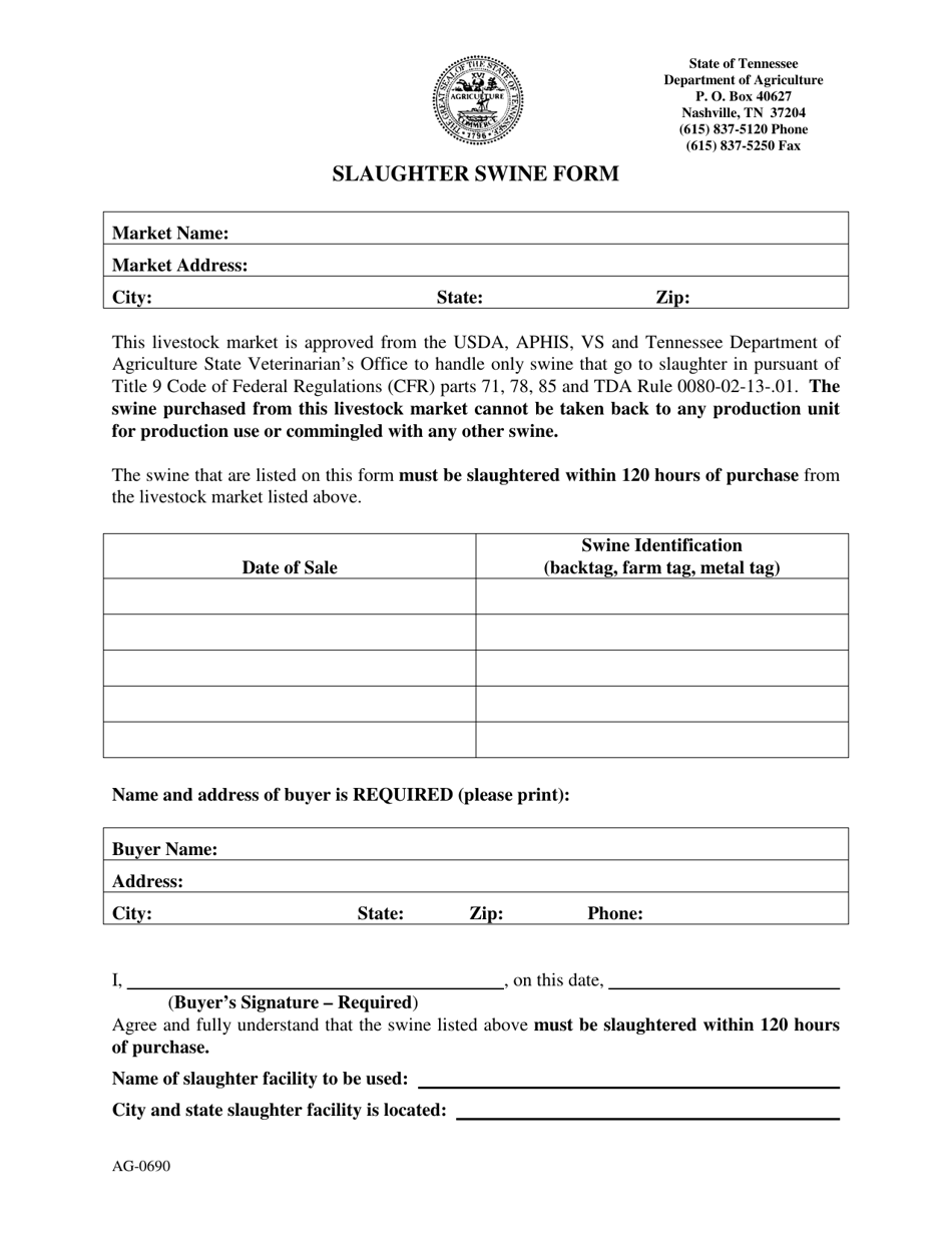 Form AG-0690 Slaughter Swine Form - Tennessee, Page 1