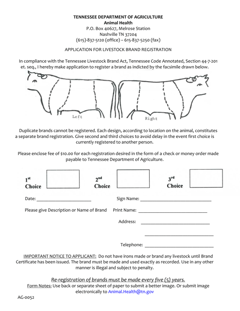 Form AG-0052 Application for Livestock Brand Registration - Tennessee