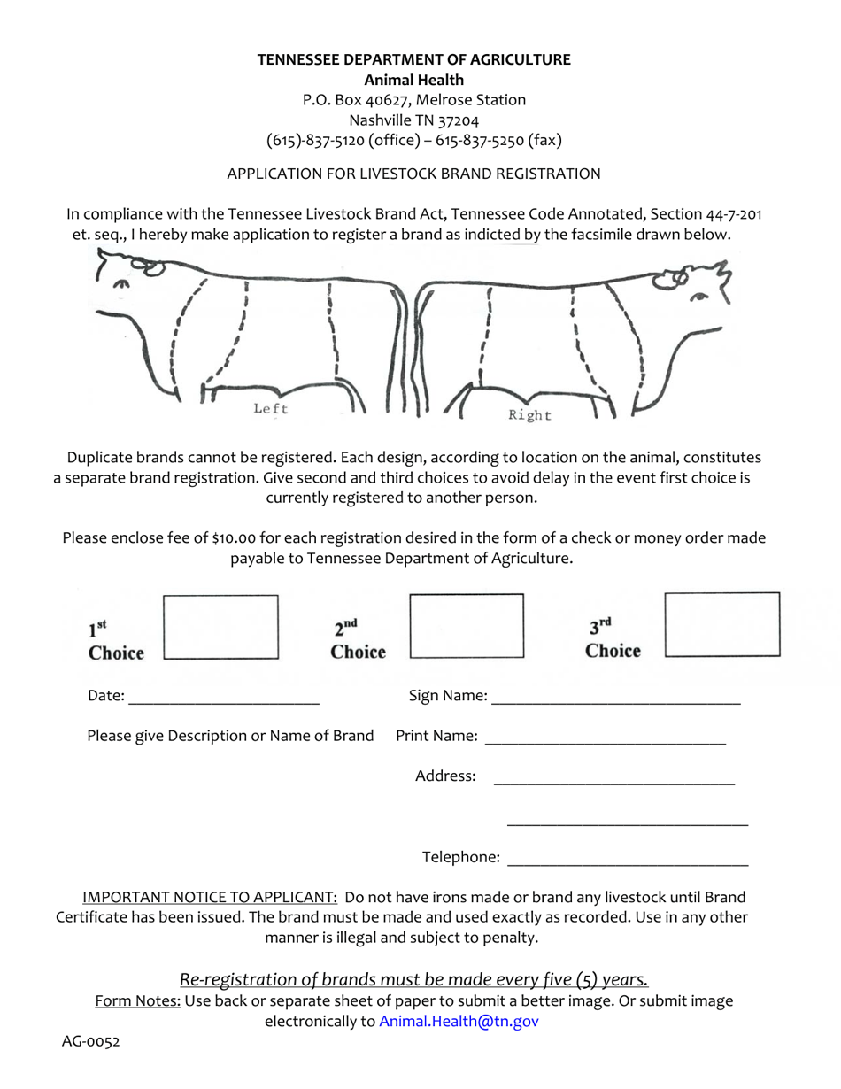 Form AG-0052 Application for Livestock Brand Registration - Tennessee, Page 1