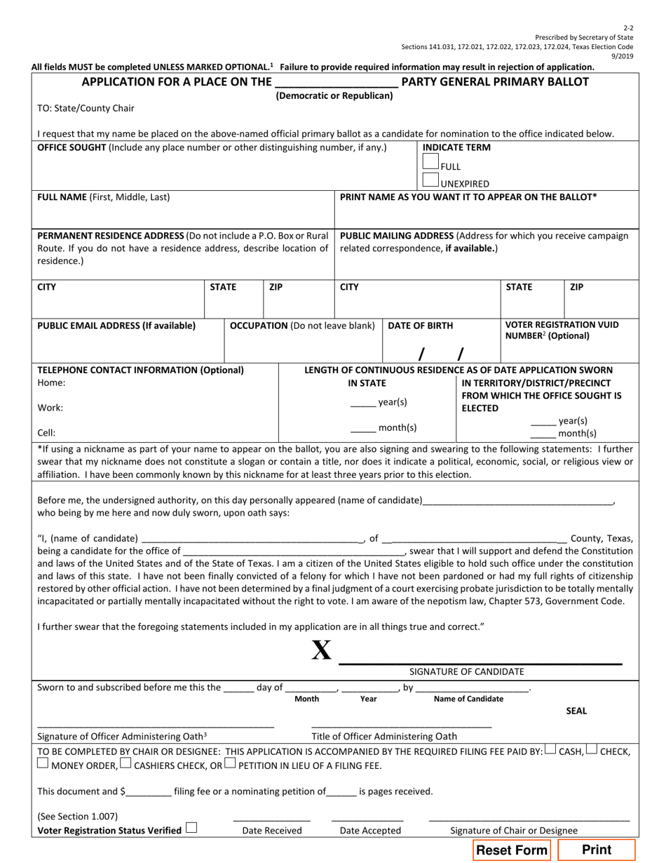 Form 2-2 Application for a Place on the Party General Primary Ballot - Texas (English / Spanish), Page 1