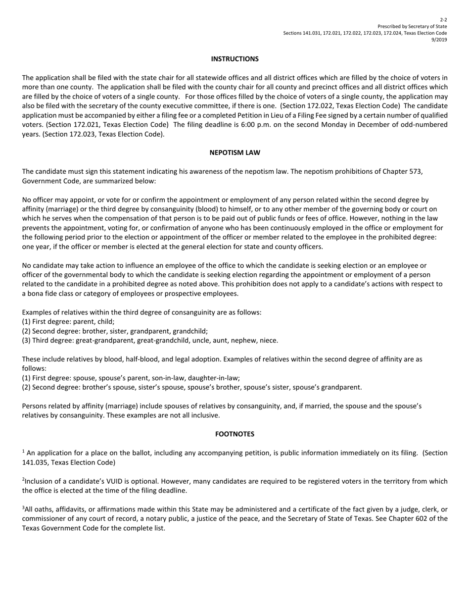 Form 2-2 Application for a Place on the Party General Primary Ballot - Texas (English / Spanish), Page 2