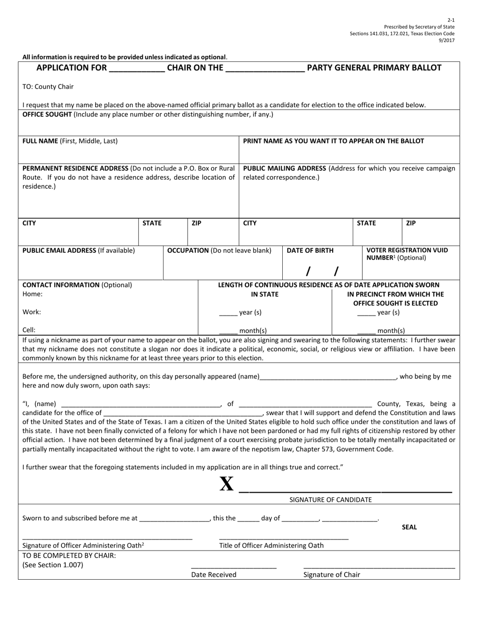 Form 2-1 Application for Chair on the Party General Primary Ballot - Texas (English / Spanish), Page 1