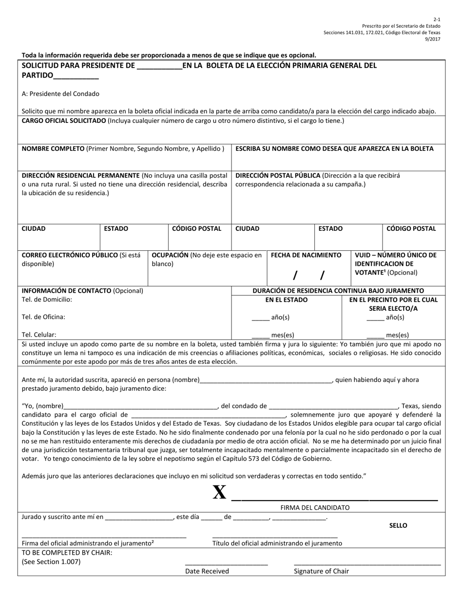 Form 2-1 Application for Chair on the Party General Primary Ballot - Texas (English / Spanish), Page 3